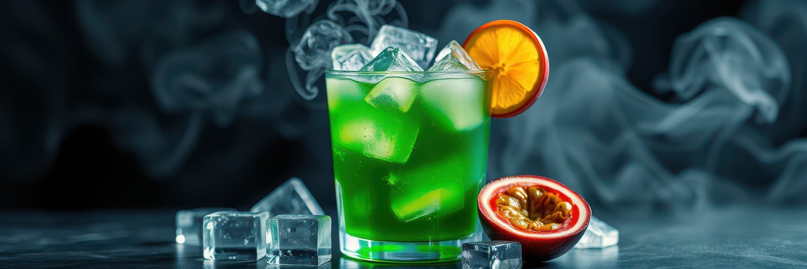 Refreshing green cocktail with ice and fruit on a dark background with smoke effects